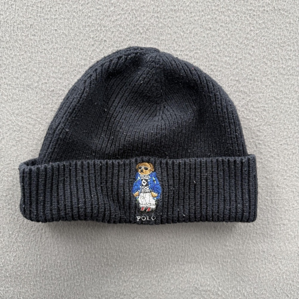 Polo Ralph Lauren Hat Beanie Mens One Size Black Cuffed Knit Polo Bear Winter